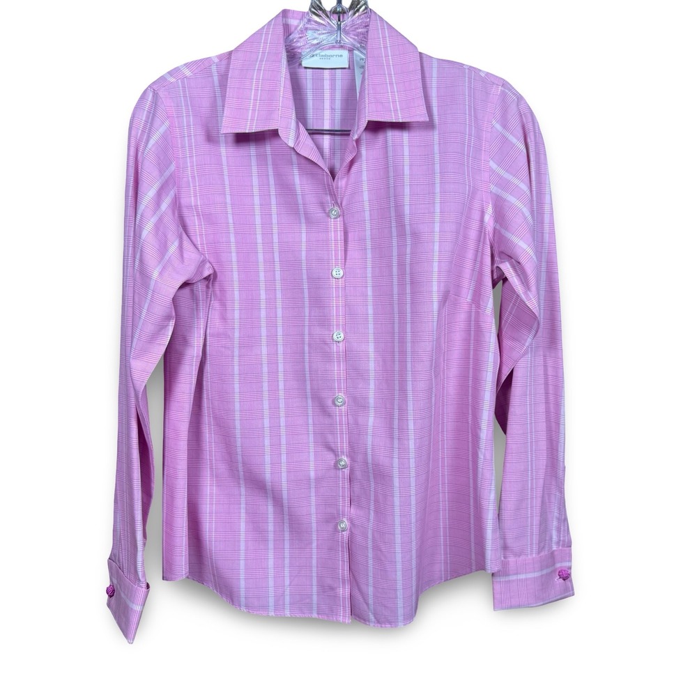 Liz Claiborne Pink Plaid Button Down Women's Size Small Petite Pink Striped Top